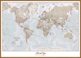 Large Personalised World Is Art - Wall Map Neutral (Wood Frame - Teak)