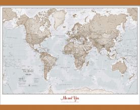 Medium Personalised World Is Art - Wall Map Neutral (Wooden hanging bars)