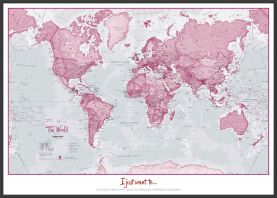 Large Personalised World Is Art - Wall Map Pink (Pinboard & wood frame - Black)