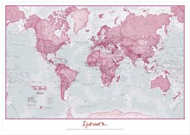 Large Personalised World Is Art - Wall Map Pink (Wood Frame - White)