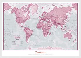 Medium Personalised World Is Art - Wall Map Pink (Pinboard & wood frame - White)