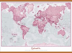 Large Personalised World Is Art - Wall Map Pink (Rolled Canvas with Wooden Hanging Bars)