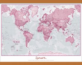 Medium Personalised World Is Art - Wall Map Pink (Rolled Canvas with Wooden Hanging Bars)