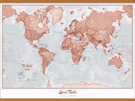 Huge Personalised World Is Art - Wall Map Red (Wooden hanging bars)