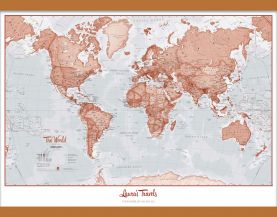 Medium Personalised World Is Art - Wall Map Red (Rolled Canvas with Wooden Hanging Bars)