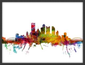 Medium Pittsburgh Pennsylvania Watercolour Skyline (Pinboard & wood frame - Black)