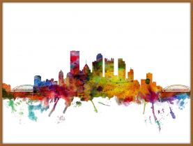 Large Pittsburgh Pennsylvania Watercolour Skyline (Pinboard & wood frame - Teak)