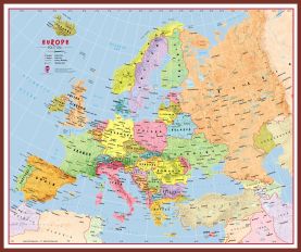 Huge Primary Europe Wall Map Political (Pinboard & framed - Dark Oak)
