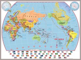 Huge Primary Pacific Centred World Wall Map Political with flags (Magnetic board mounted and framed - Brushed Aluminium Colour)