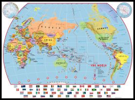 Large Primary Pacific Centred World Wall Map Political with flags (Pinboard & framed - Black)