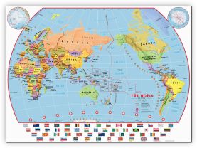 Huge Primary Pacific Centred World Wall Map Political with flags (Canvas)