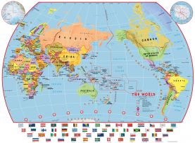 Large Primary Pacific Centred World Wall Map Political with flags (Raster digital)