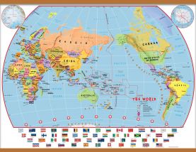 Large Primary Pacific Centred World Wall Map Political with flags (Rolled Canvas with Wooden Hanging Bars)
