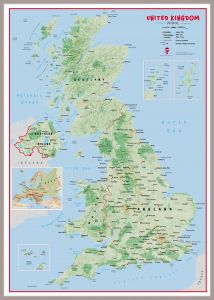 Large Primary UK Wall Map Physical (Magnetic board mounted and framed - Brushed Aluminium Colour)