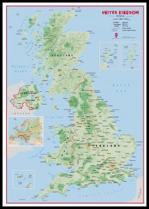 Large Primary UK Wall Map Physical (Pinboard & framed - Black)