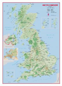 Large Primary UK Wall Map Physical (Pinboard & wood frame - White)