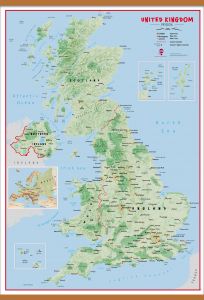 Huge Primary UK Wall Map Physical (Wooden hanging bars)