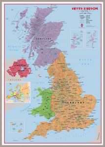 Large Primary UK Wall Map Political (Magnetic board mounted and framed - Brushed Aluminium Colour)
