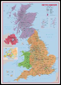 Large Primary UK Wall Map Political (Pinboard & framed - Black)