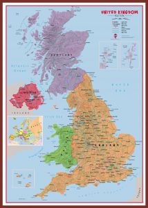 Large Primary UK Wall Map Political (Pinboard & framed - Dark Oak)