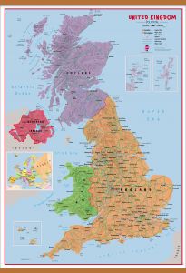 Large Primary UK Wall Map Political (Wooden hanging bars)
