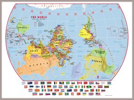 Huge Primary Upside Down World Wall Map Political with flags (Magnetic board mounted and framed - Brushed Aluminium Colour)