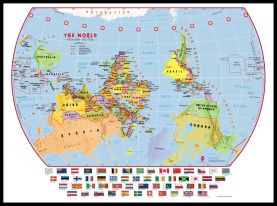 Large Primary Upside Down World Wall Map Political with flags (Pinboard & framed - Black)