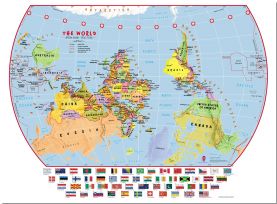 Large Primary Upside Down World Wall Map Political with flags (Pinboard)