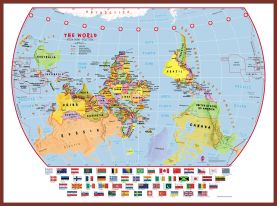 Large Primary Upside Down World Wall Map Political with flags (Pinboard & framed - Dark Oak)