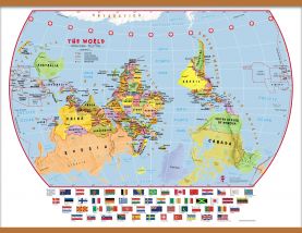 Huge Primary Upside Down World Wall Map Political with flags (Wooden hanging bars)