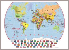 Large Primary World Wall Map Political with flags (Magnetic board mounted and framed - Brushed Aluminium Colour)