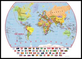 Large Primary World Wall Map Political with flags (Canvas Floater Frame - Black)