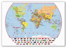 Small Primary World Wall Map Political with flags (Canvas)