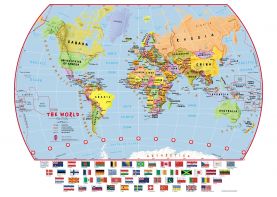 Small Primary World Wall Map Political with flags (Magnetic board and frame)