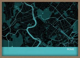 A3 Rome City Street Map Print Turquoise (Wood Frame - Oak Style)