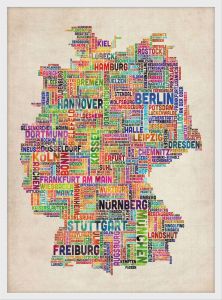 Small Text Art Map of Germany (Wood Frame - White)