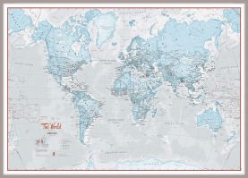 Huge The World Is Art - Wall Map Aqua (Magnetic board mounted and framed - Brushed Aluminium Colour)