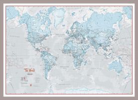 Small The World Is Art - Wall Map Aqua (Magnetic board mounted and framed - Brushed Aluminium Colour)