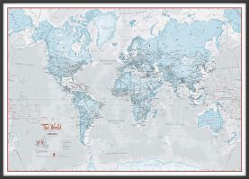 Large The World Is Art - Wall Map Aqua (Wood Frame - Black)