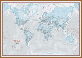 Large The World Is Art - Wall Map Aqua (Pinboard & wood frame - Teak)