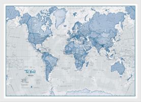 Small The World Is Art - Wall Map Blue (Pinboard & wood frame - White)