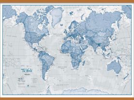 Huge The World Is Art - Wall Map Blue (Wooden hanging bars)
