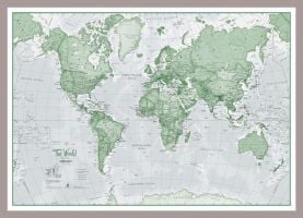 Small The World Is Art - Wall Map Green (Magnetic board mounted and framed - Brushed Aluminium Colour)