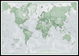 Huge The World Is Art - Wall Map Green (Pinboard & framed - Black)