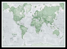 Small The World Is Art - Wall Map Green (Pinboard & framed - Black)