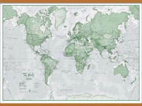 Large The World Is Art - Wall Map Green (Wooden hanging bars)