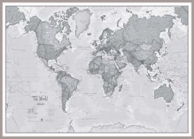 Large The World Is Art - Wall Map Grey (Magnetic board mounted and framed - Brushed Aluminium Colour)
