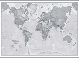 Huge The World Is Art - Wall Map Grey (Rolled Canvas with Hanging Bars)