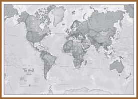 Large The World Is Art - Wall Map Grey (Pinboard & wood frame - Teak)