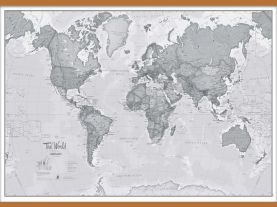 Huge The World Is Art - Wall Map Grey (Rolled Canvas with Wooden Hanging Bars)